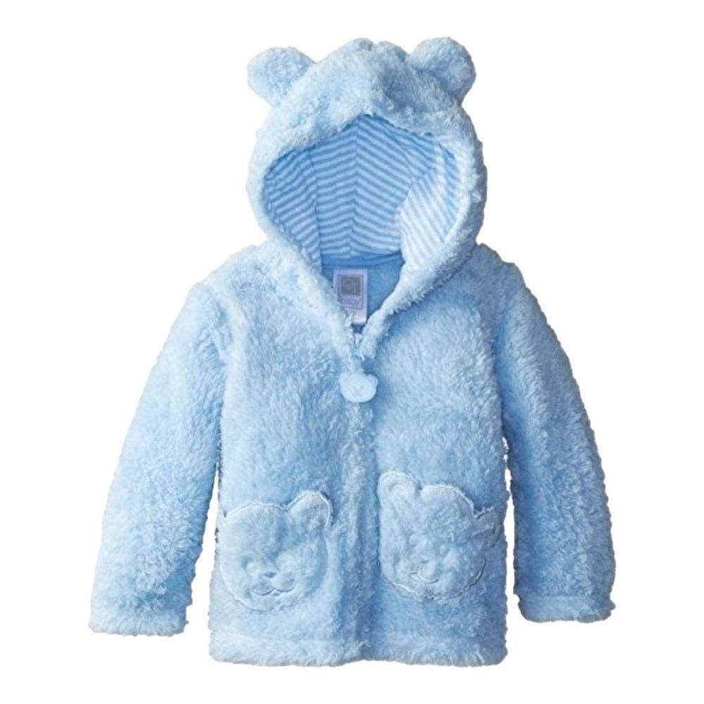 NWT Baby Boys QT Sherpa Mid Weight Blue Fuzzy Sherpa Jacket w Ears - Sz 3-6 mo
